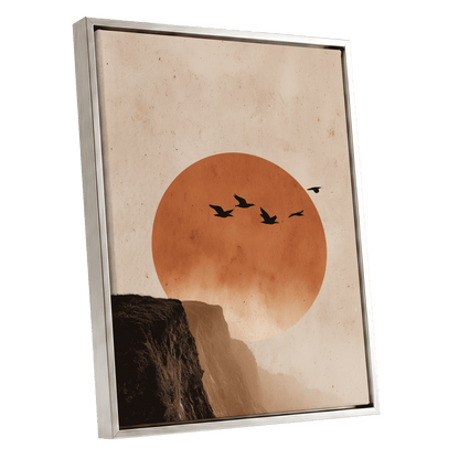 Flight Across Ember, beige, orange, black nature wall art shown as a silver framed canvas wall art