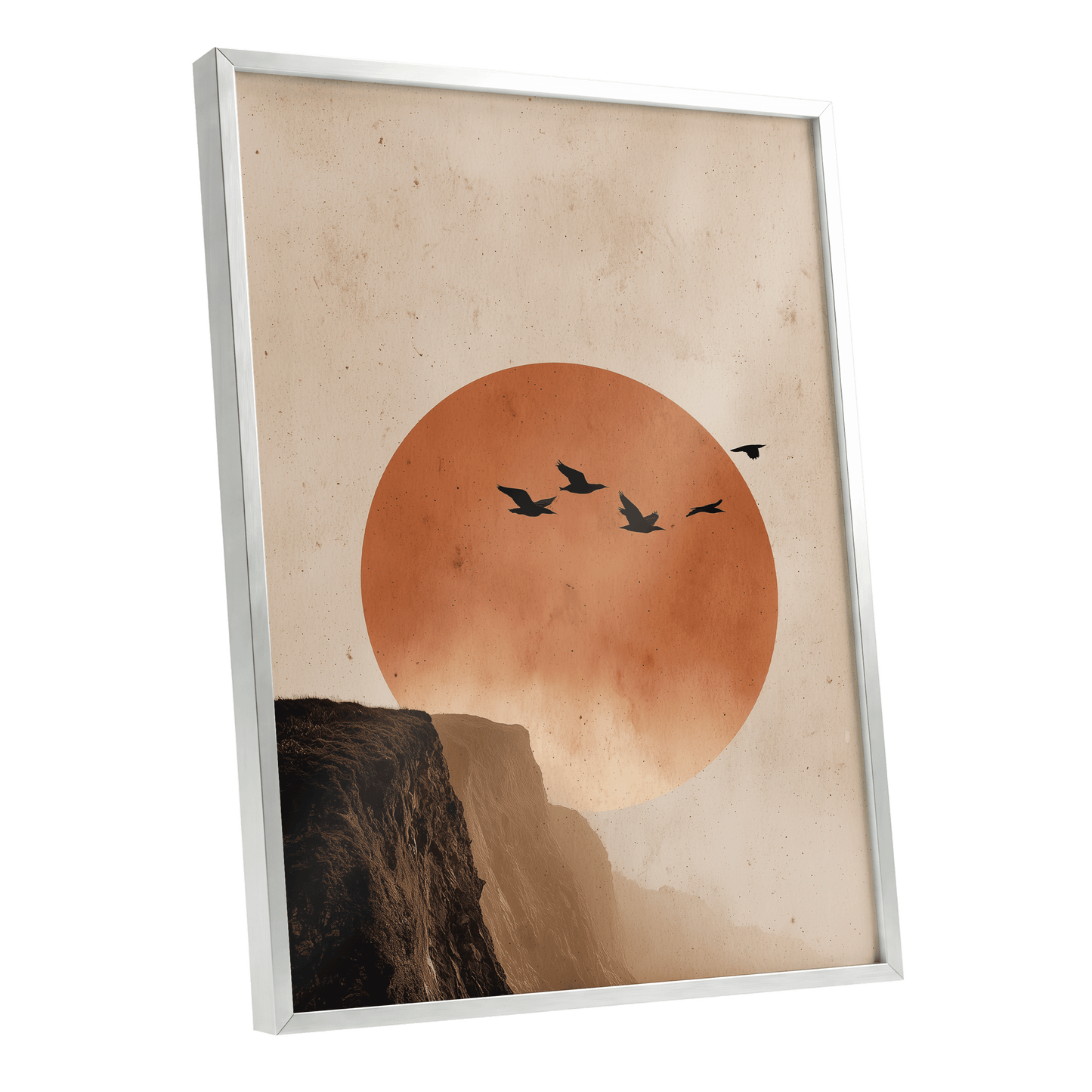 Flight Across Ember, beige, orange, black nature wall art shown as a silver framed poster wall art print