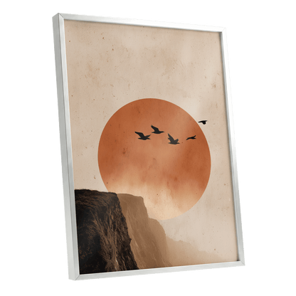 Flight Across Ember, beige, orange, black nature wall art shown as a silver framed poster wall art print