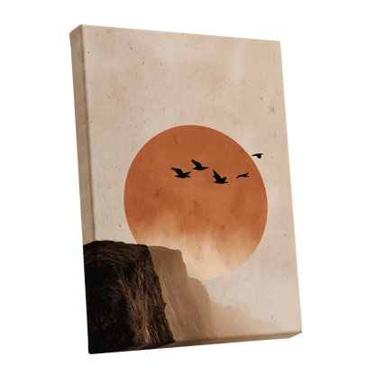 Flight Across Ember, beige, orange, black nature wall art shown as a stretched canvas wall art