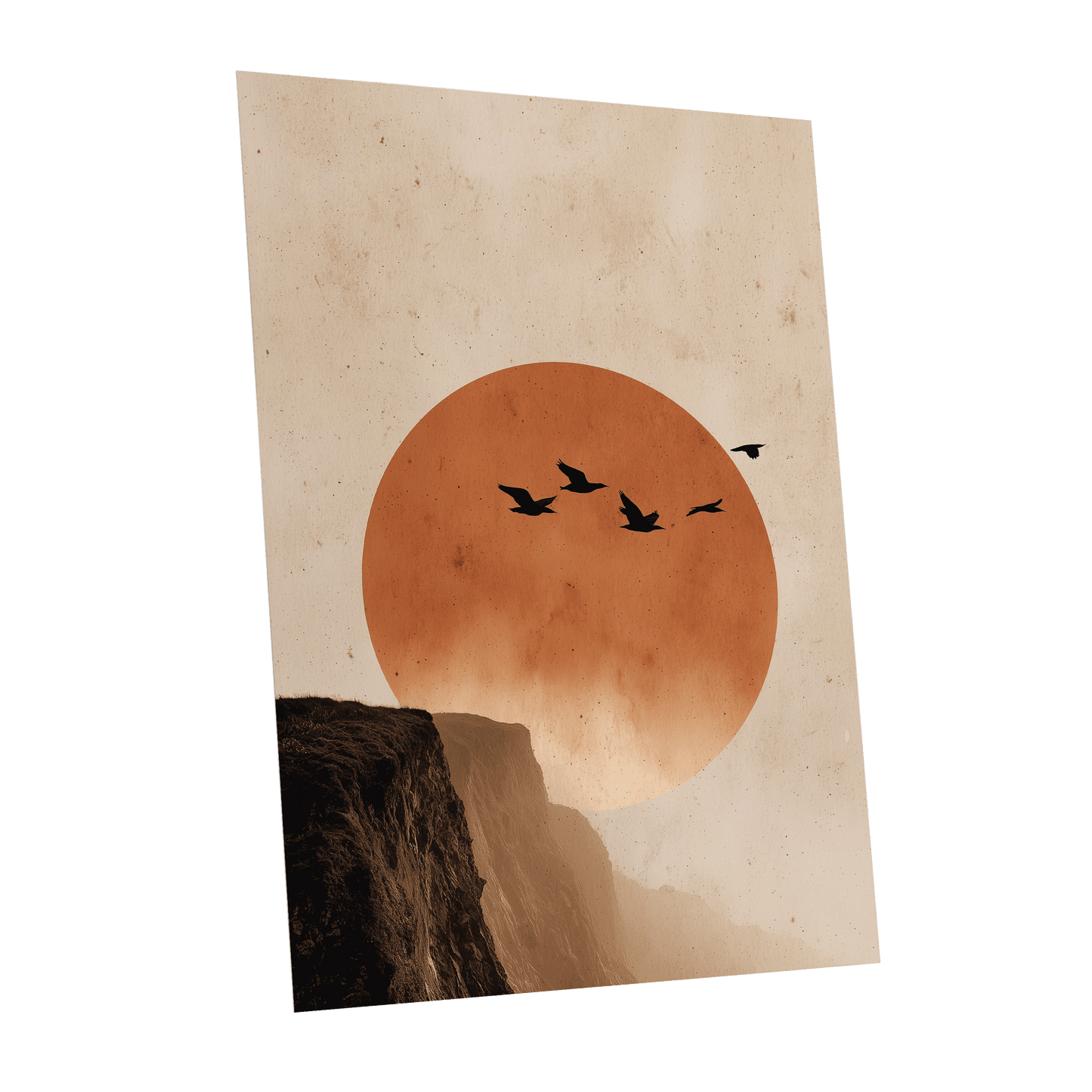 Flight Across Ember, beige, orange, black nature wall art shown as a unframed poster wall art print