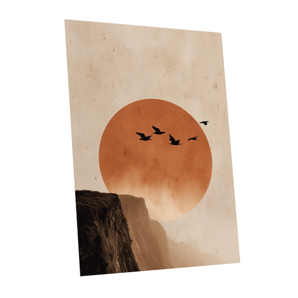 Flight Across Ember, beige, orange, black nature wall art shown as a unframed poster wall art print