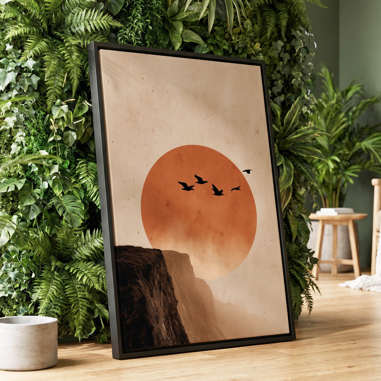 Flight Across Ember, beige, orange, black nature wall art displayed in a styled interior, gallery view 1