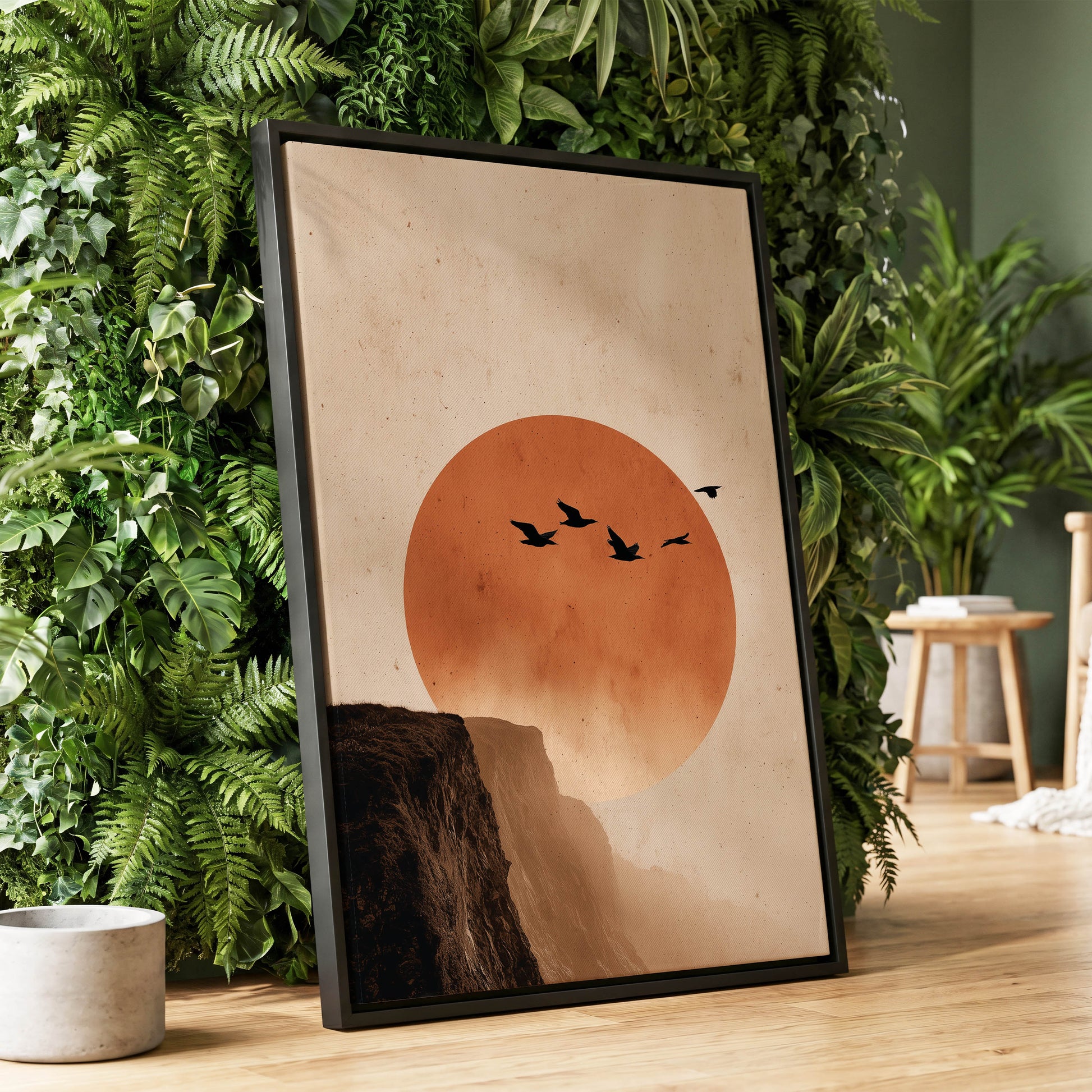 Flight Across Ember, beige, orange, black nature wall art displayed in a styled interior, gallery view 1