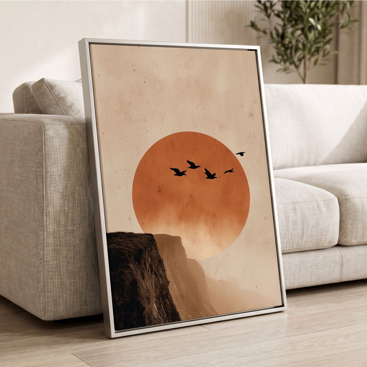 Flight Across Ember, beige, orange, black nature wall art displayed in a styled interior, gallery view 2