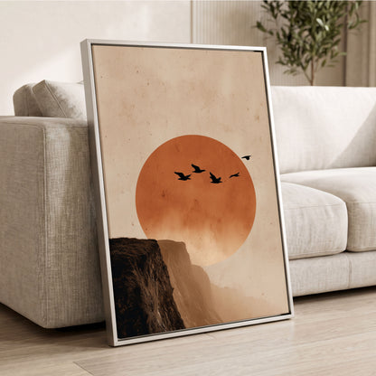 Flight Across Ember, beige, orange, black nature wall art displayed in a styled interior, gallery view 2