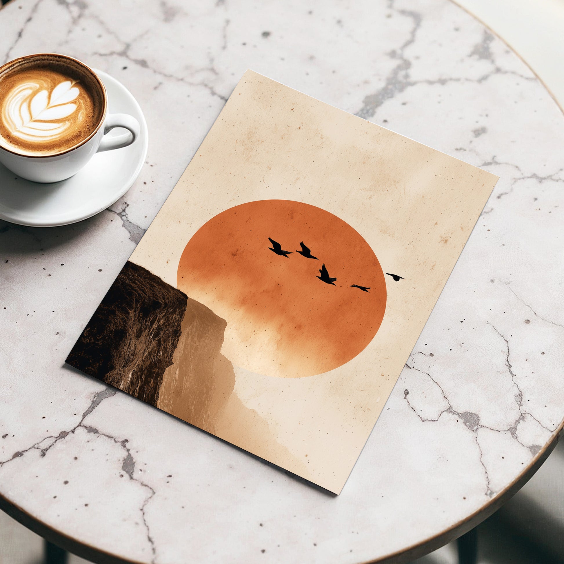Flight Across Ember, beige, orange, black nature wall art displayed in a styled interior, gallery view 3