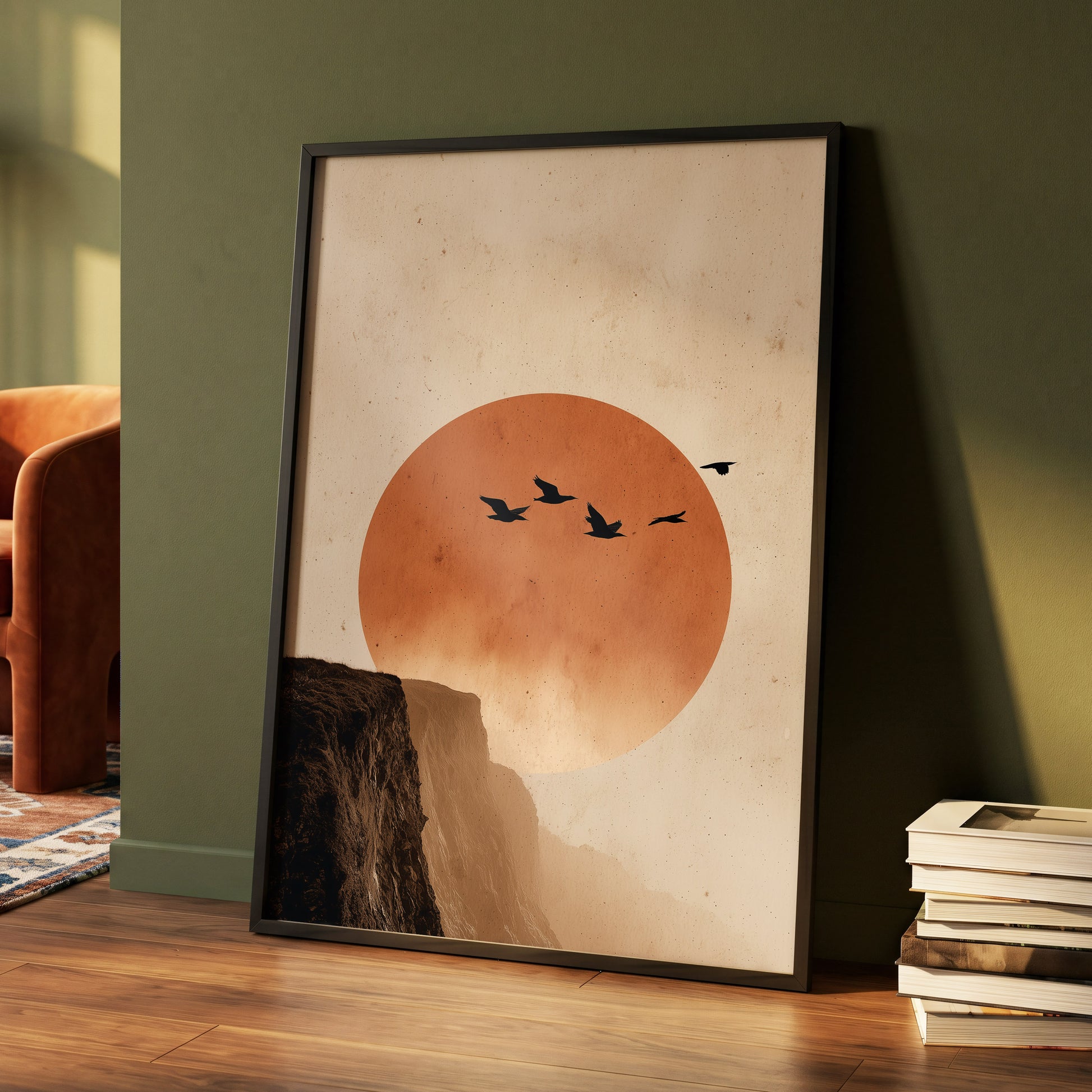 Flight Across Ember, beige, orange, black nature wall art displayed in a styled interior, gallery view 4