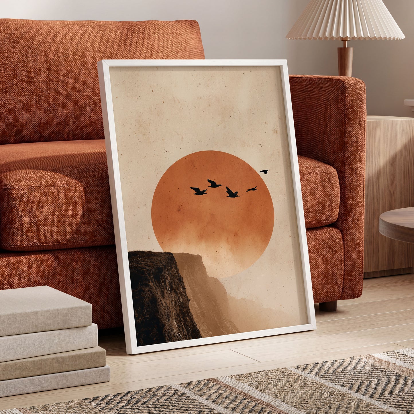 Flight Across Ember, beige, orange, black nature wall art displayed in a styled interior, gallery view 6