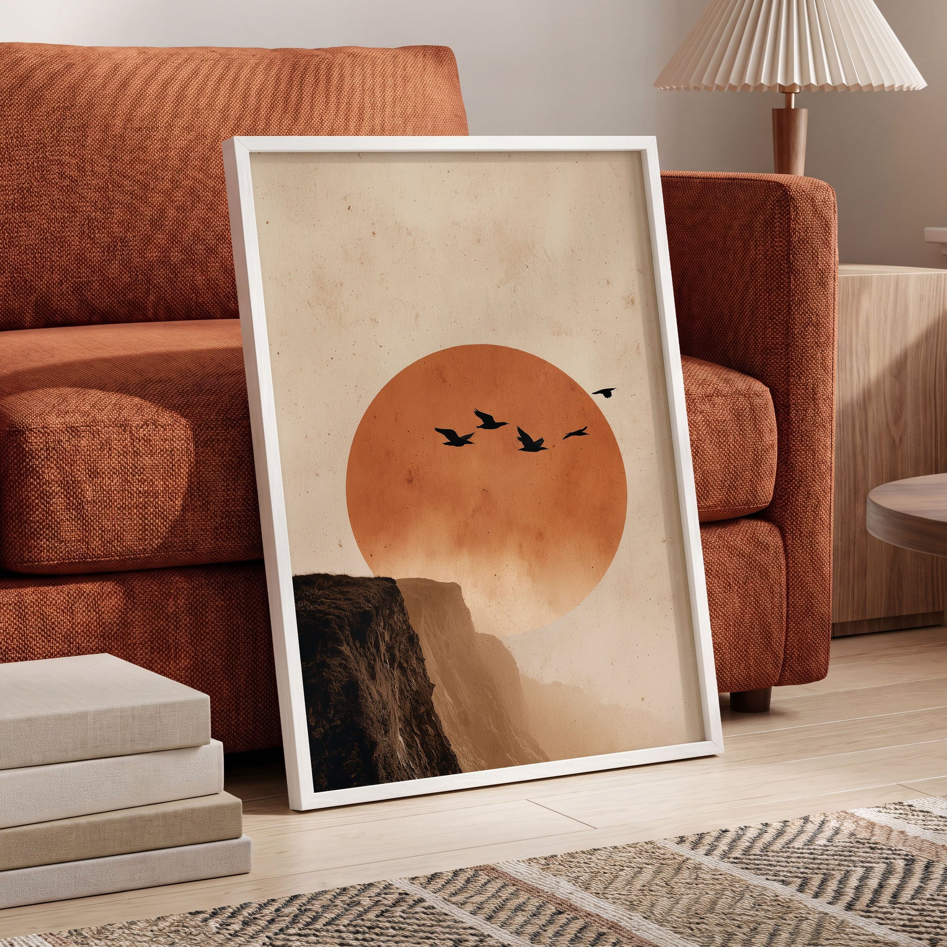 Flight Across Ember, beige, orange, black nature wall art displayed in a styled interior, gallery view 6