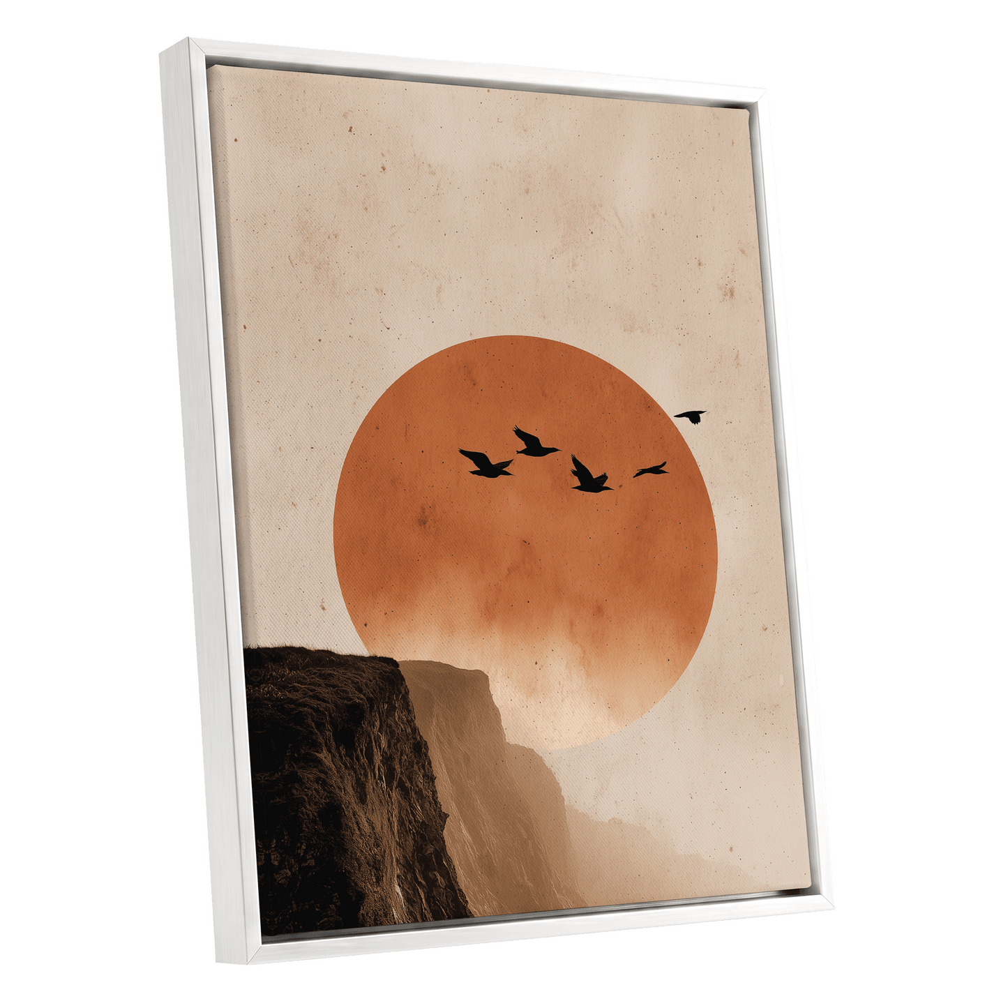 Flight Across Ember, beige, orange, black nature wall art shown as a white framed canvas wall art