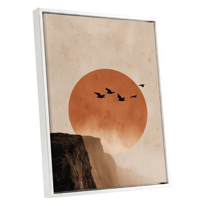 Flight Across Ember, beige, orange, black nature wall art shown as a white framed canvas wall art