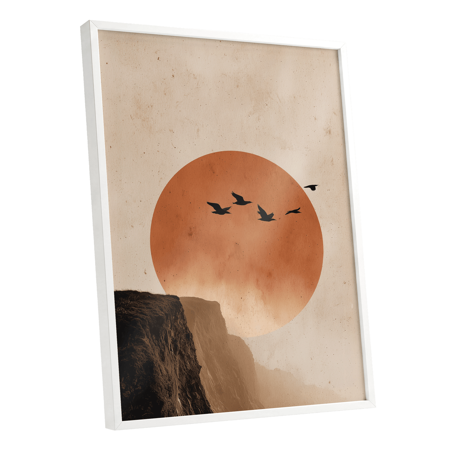 Flight Across Ember, beige, orange, black nature wall art shown as a white framed poster wall art print