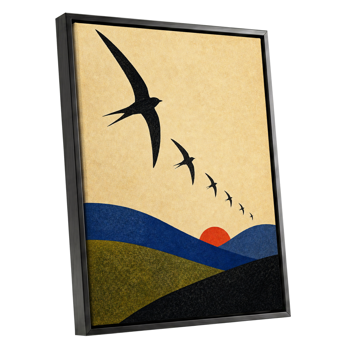 Flight Across Ochre, beige, black, blue nature wall art shown as a black framed canvas wall art