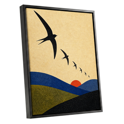 Flight Across Ochre, beige, black, blue nature wall art shown as a black framed canvas wall art