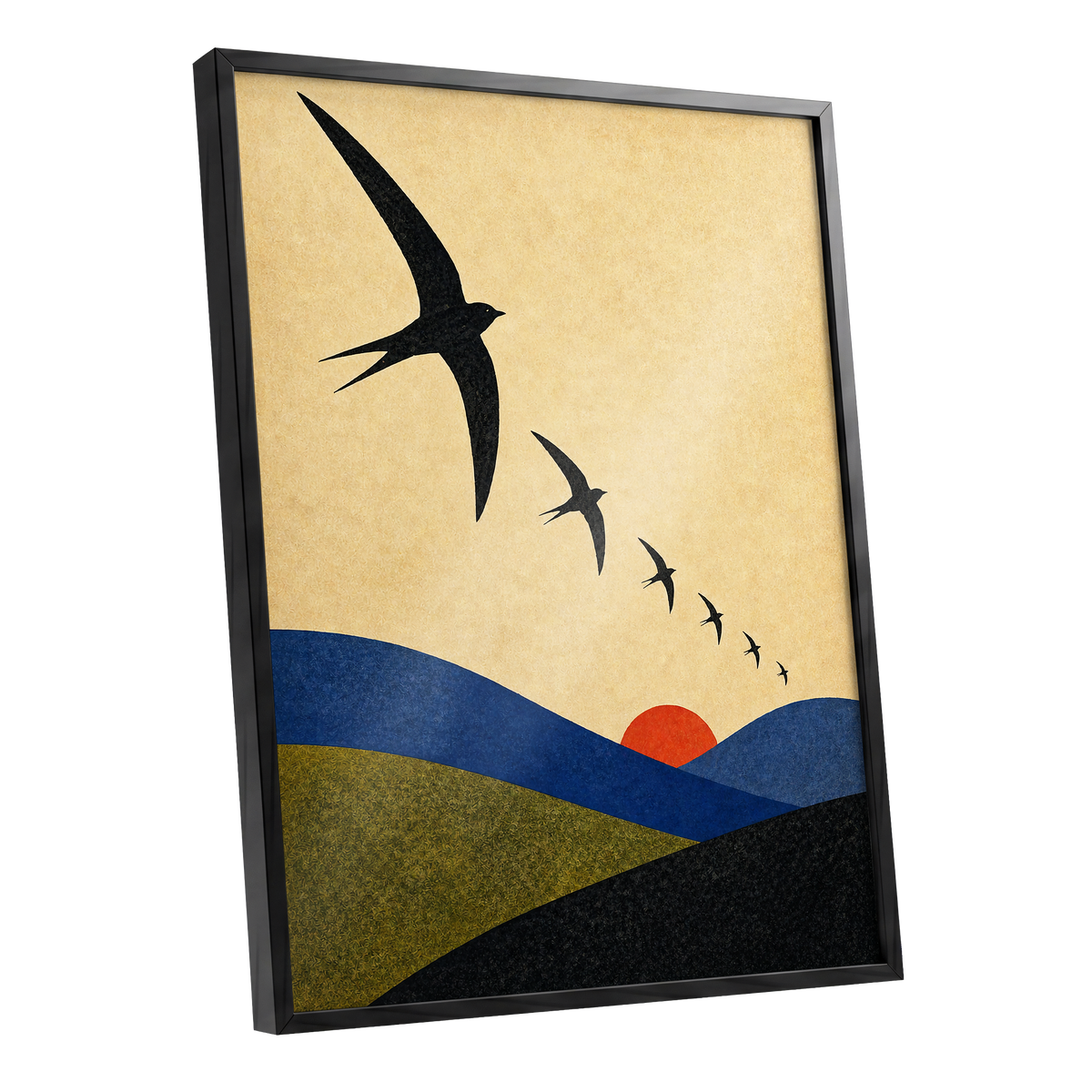 Flight Across Ochre, beige, black, blue nature wall art shown as a black framed poster wall art print