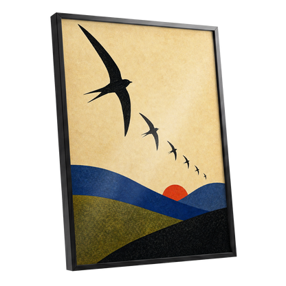 Flight Across Ochre, beige, black, blue nature wall art shown as a black framed poster wall art print