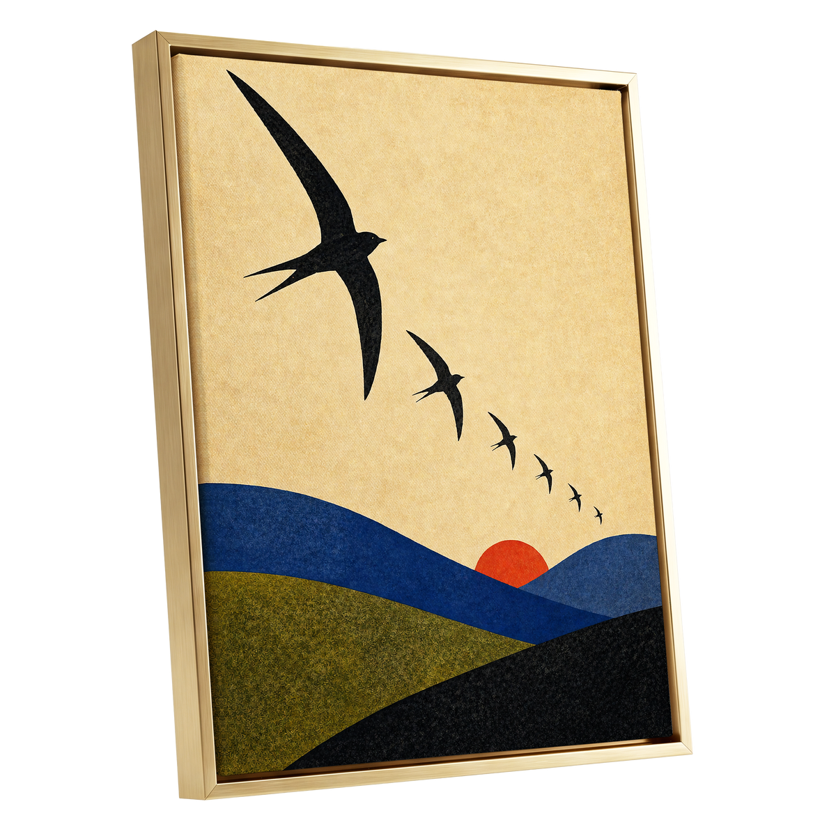 Flight Across Ochre, beige, black, blue nature wall art shown as a gold framed canvas wall art