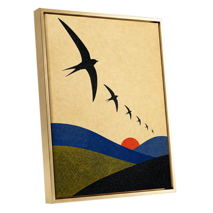 Flight Across Ochre, beige, black, blue nature wall art shown as a gold framed canvas wall art