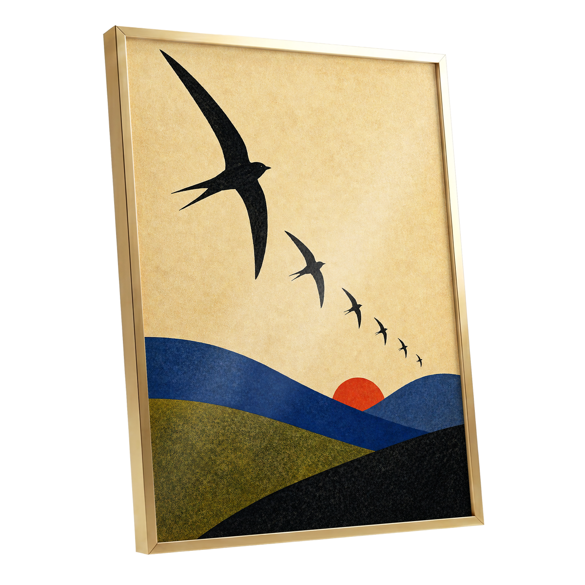 Flight Across Ochre, beige, black, blue nature wall art shown as a gold framed poster wall art print