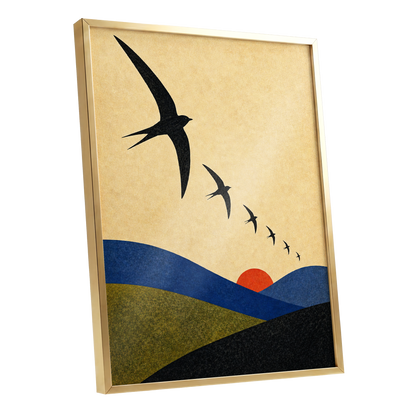 Flight Across Ochre, beige, black, blue nature wall art shown as a gold framed poster wall art print