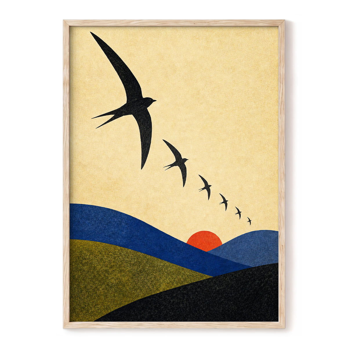 Flight Across Ochre, beige, black, blue nature wall art, front artwork view