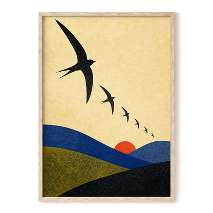 Flight Across Ochre, beige, black, blue nature wall art, front artwork view