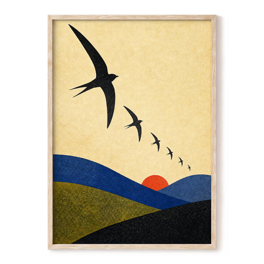 Flight Across Ochre, beige, black, blue nature wall art, front artwork view