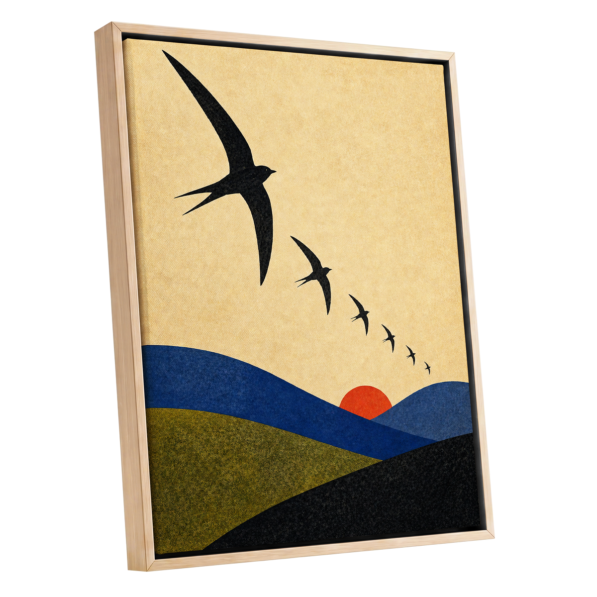 Flight Across Ochre, beige, black, blue nature wall art shown as a oak framed canvas wall art