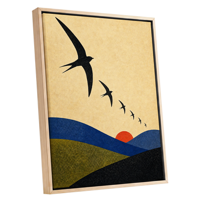 Flight Across Ochre, beige, black, blue nature wall art shown as a oak framed canvas wall art