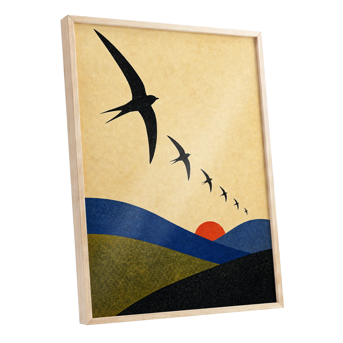 Flight Across Ochre, beige, black, blue nature wall art shown as a oak framed poster wall art print