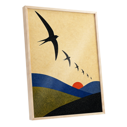 Flight Across Ochre, beige, black, blue nature wall art shown as a oak framed poster wall art print