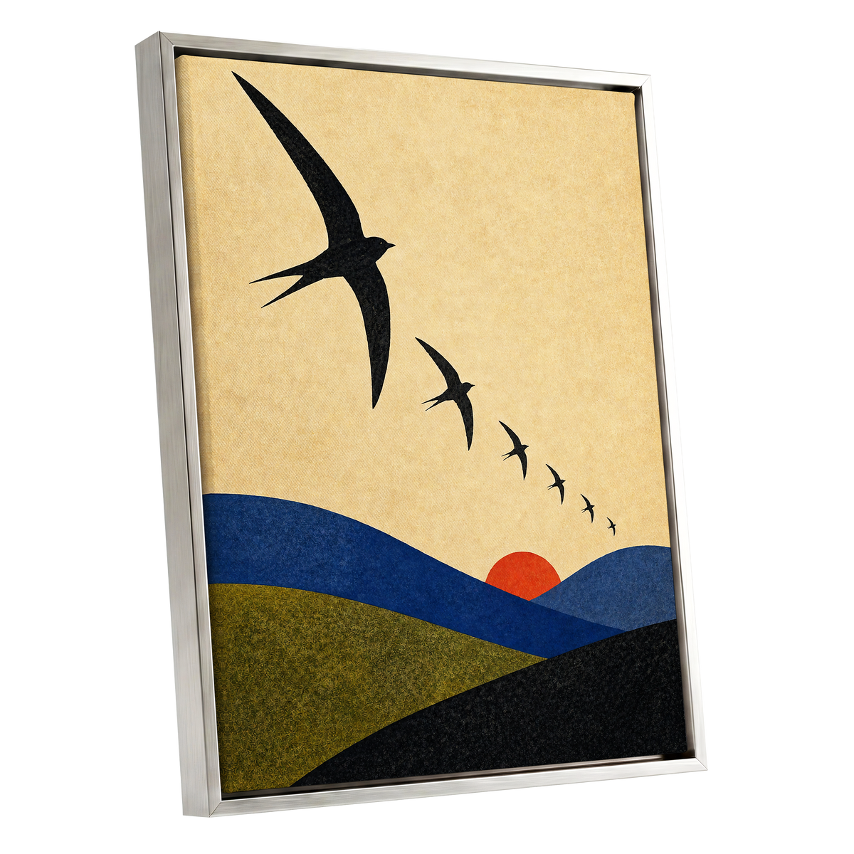 Flight Across Ochre, beige, black, blue nature wall art shown as a silver framed canvas wall art