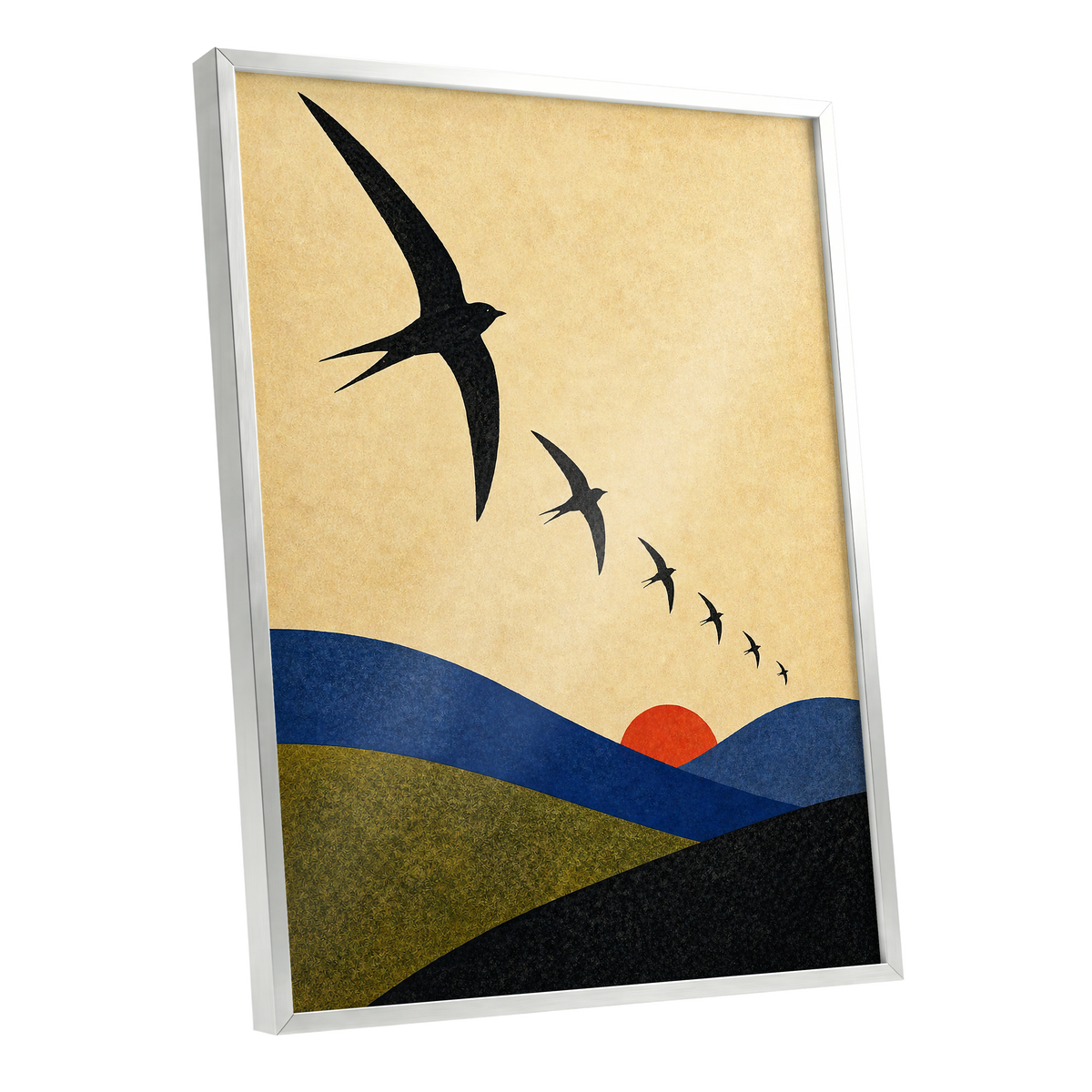 Flight Across Ochre, beige, black, blue nature wall art shown as a silver framed poster wall art print