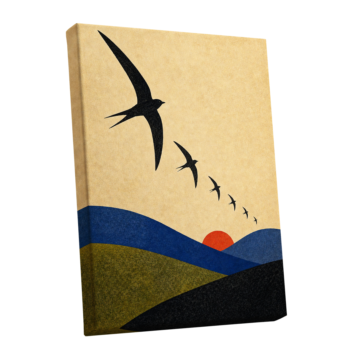 Flight Across Ochre, beige, black, blue nature wall art shown as a stretched canvas wall art