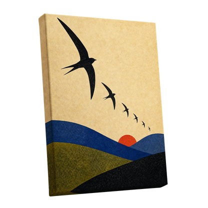 Flight Across Ochre, beige, black, blue nature wall art shown as a stretched canvas wall art