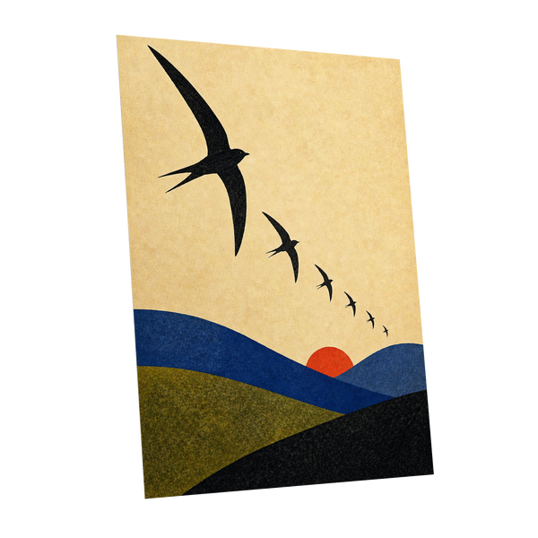 Flight Across Ochre, beige, black, blue nature wall art shown as a unframed poster wall art print