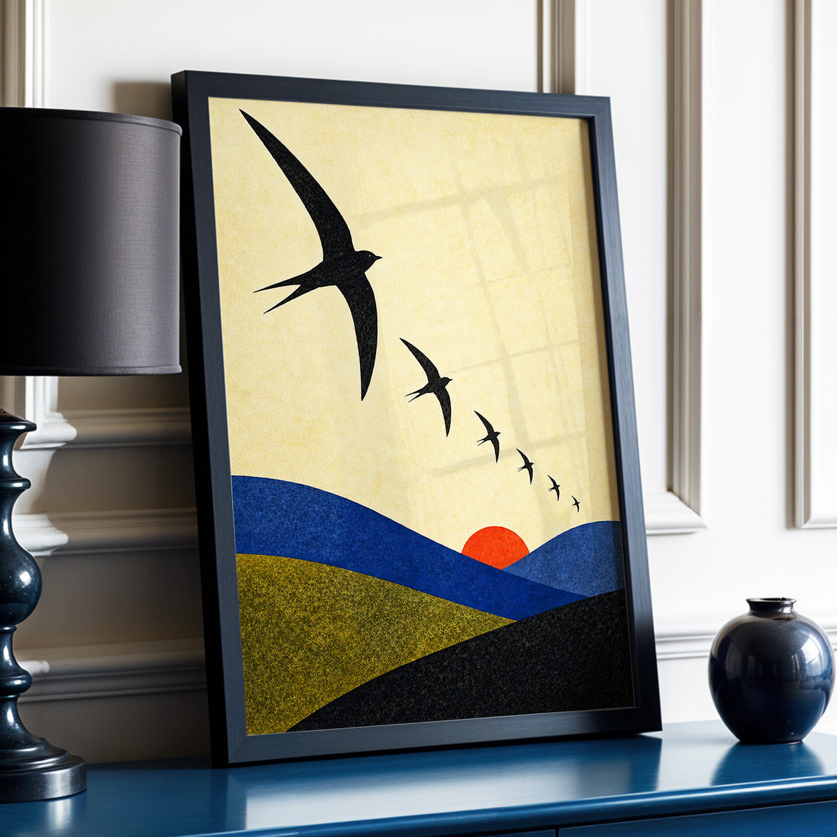 Flight Across Ochre, beige, black, blue nature wall art displayed in a styled interior, gallery view 2