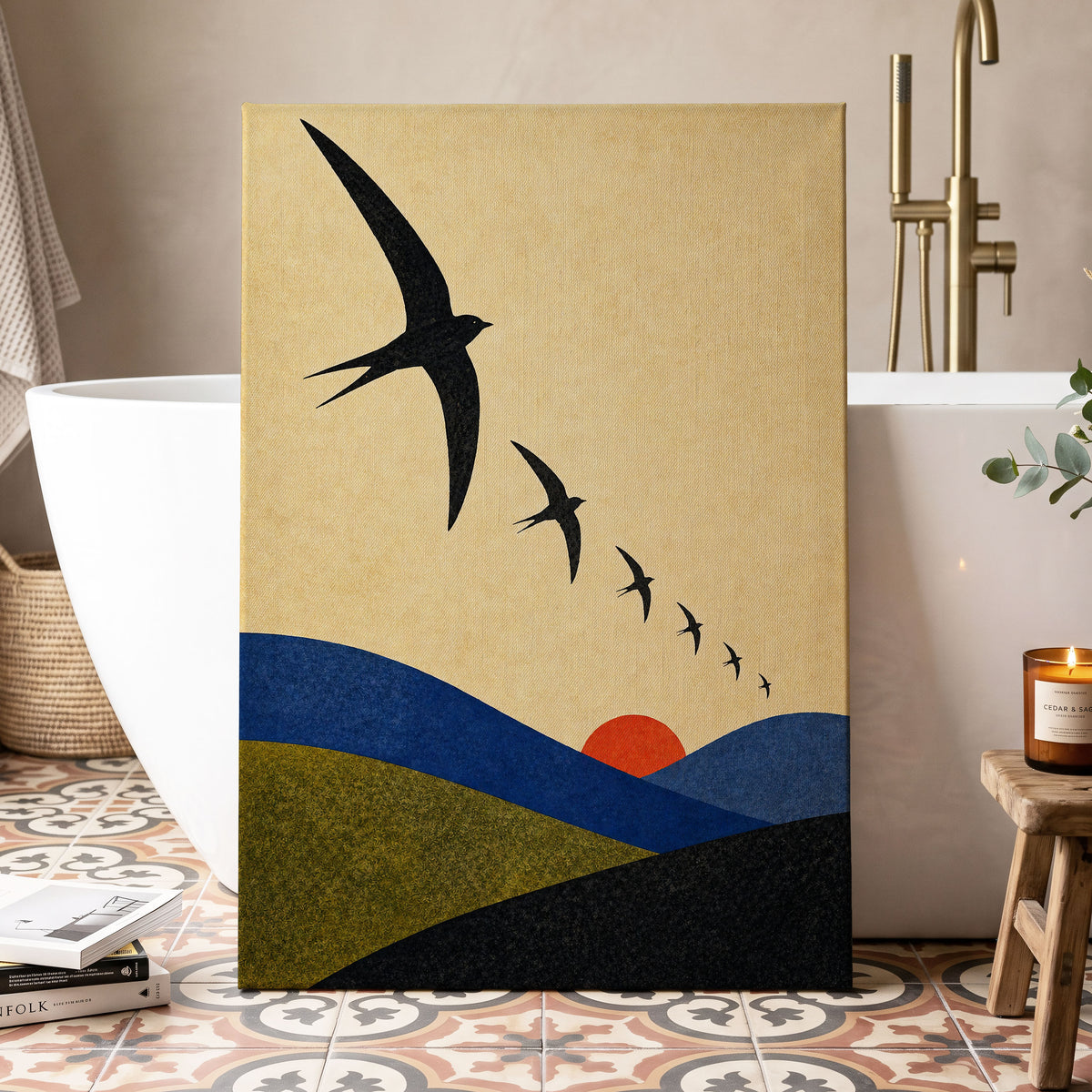 Flight Across Ochre, beige, black, blue nature wall art displayed in a styled interior, gallery view 3