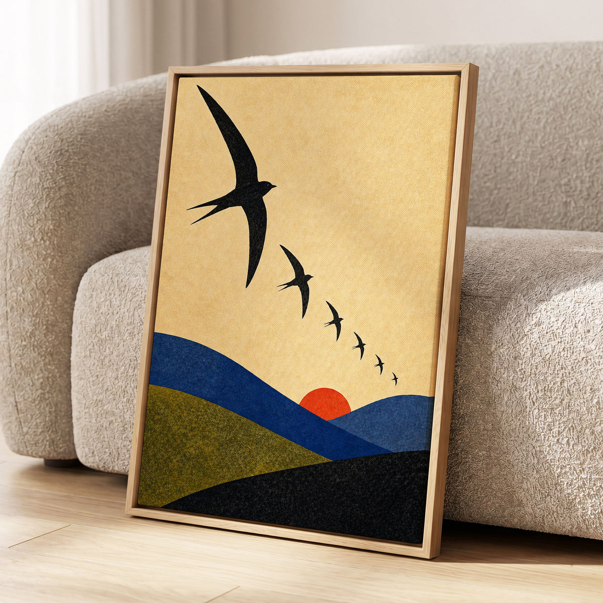 Flight Across Ochre, beige, black, blue nature wall art displayed in a styled interior, gallery view 4