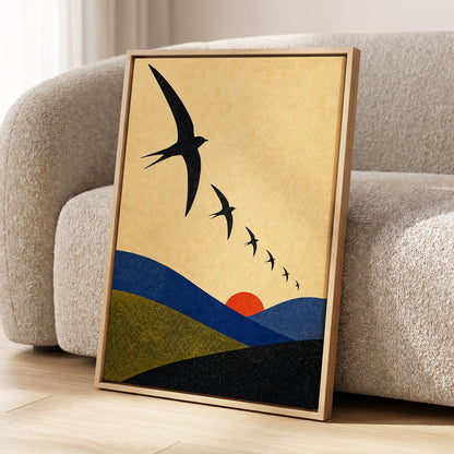 Flight Across Ochre, beige, black, blue nature wall art displayed in a styled interior, gallery view 4