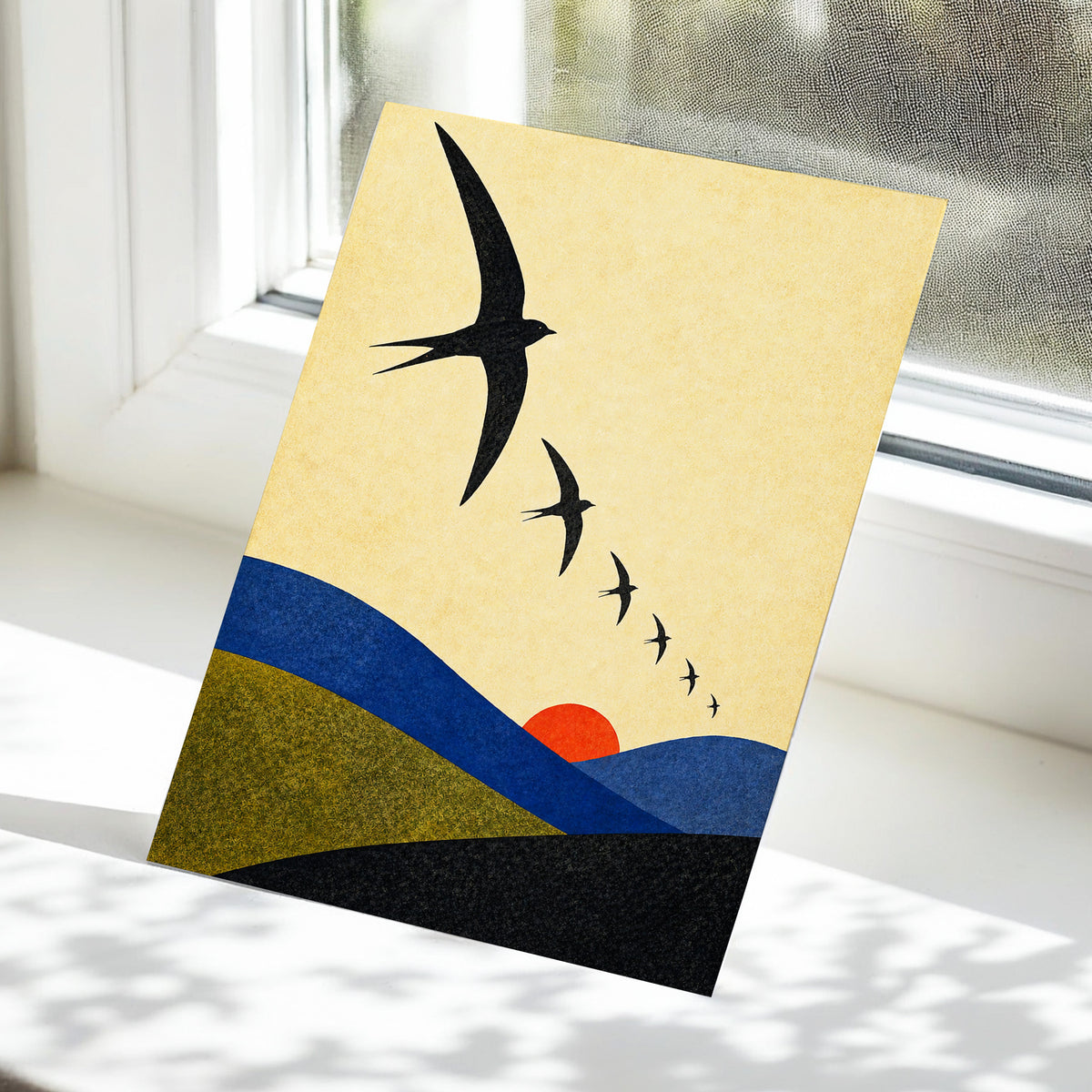 Flight Across Ochre, beige, black, blue nature wall art displayed in a styled interior, gallery view 5