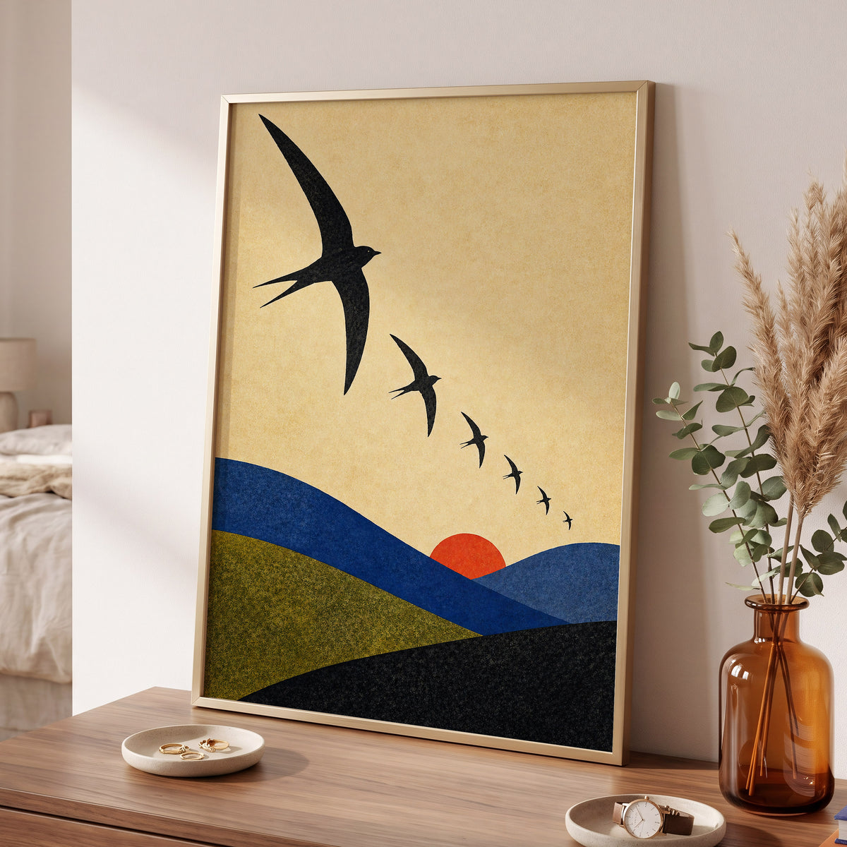 Flight Across Ochre, beige, black, blue nature wall art displayed in a styled interior, gallery view 6