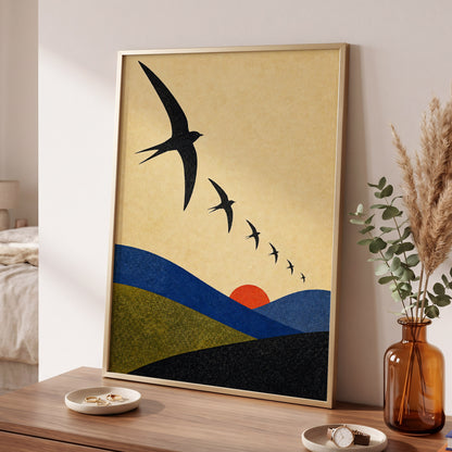 Flight Across Ochre, beige, black, blue nature wall art displayed in a styled interior, gallery view 6
