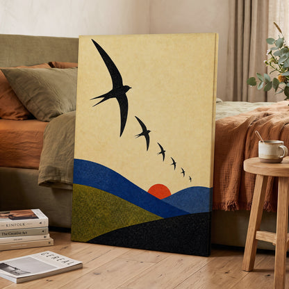 Flight Across Ochre, beige, black, blue nature wall art displayed in a styled interior, gallery view 7
