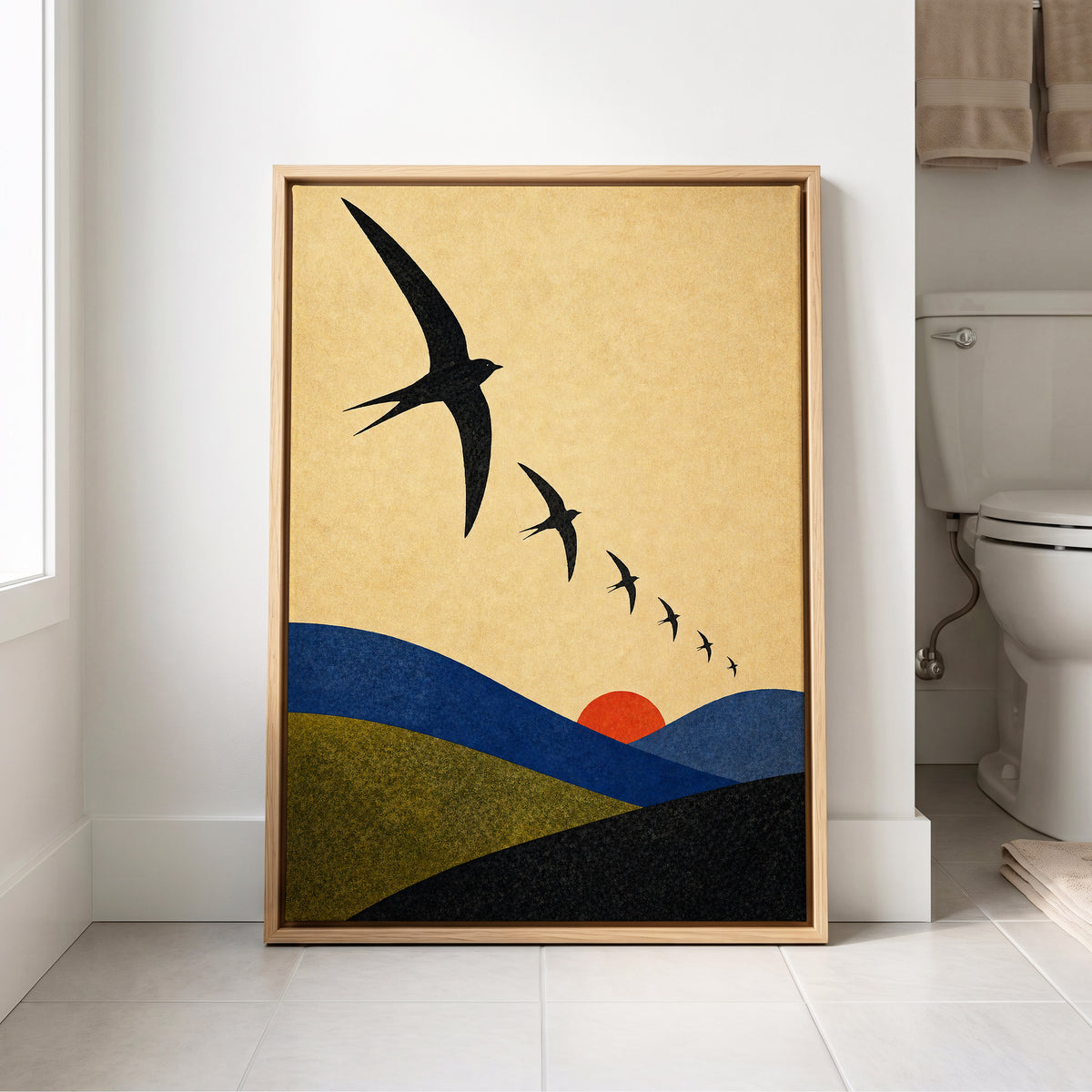 Flight Across Ochre, beige, black, blue nature wall art displayed in a styled interior, gallery view 8