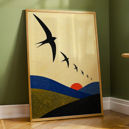 Flight Across Ochre, beige, black, blue nature wall art displayed in a styled interior, gallery view 9