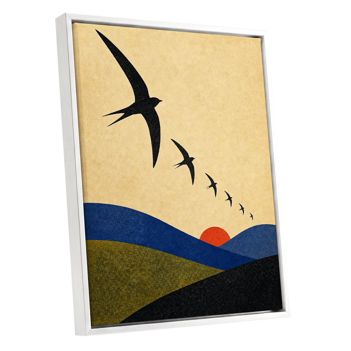 Flight Across Ochre, beige, black, blue nature wall art shown as a white framed canvas wall art