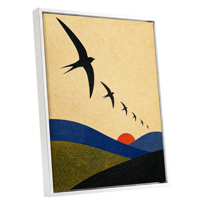 Flight Across Ochre, beige, black, blue nature wall art shown as a white framed canvas wall art