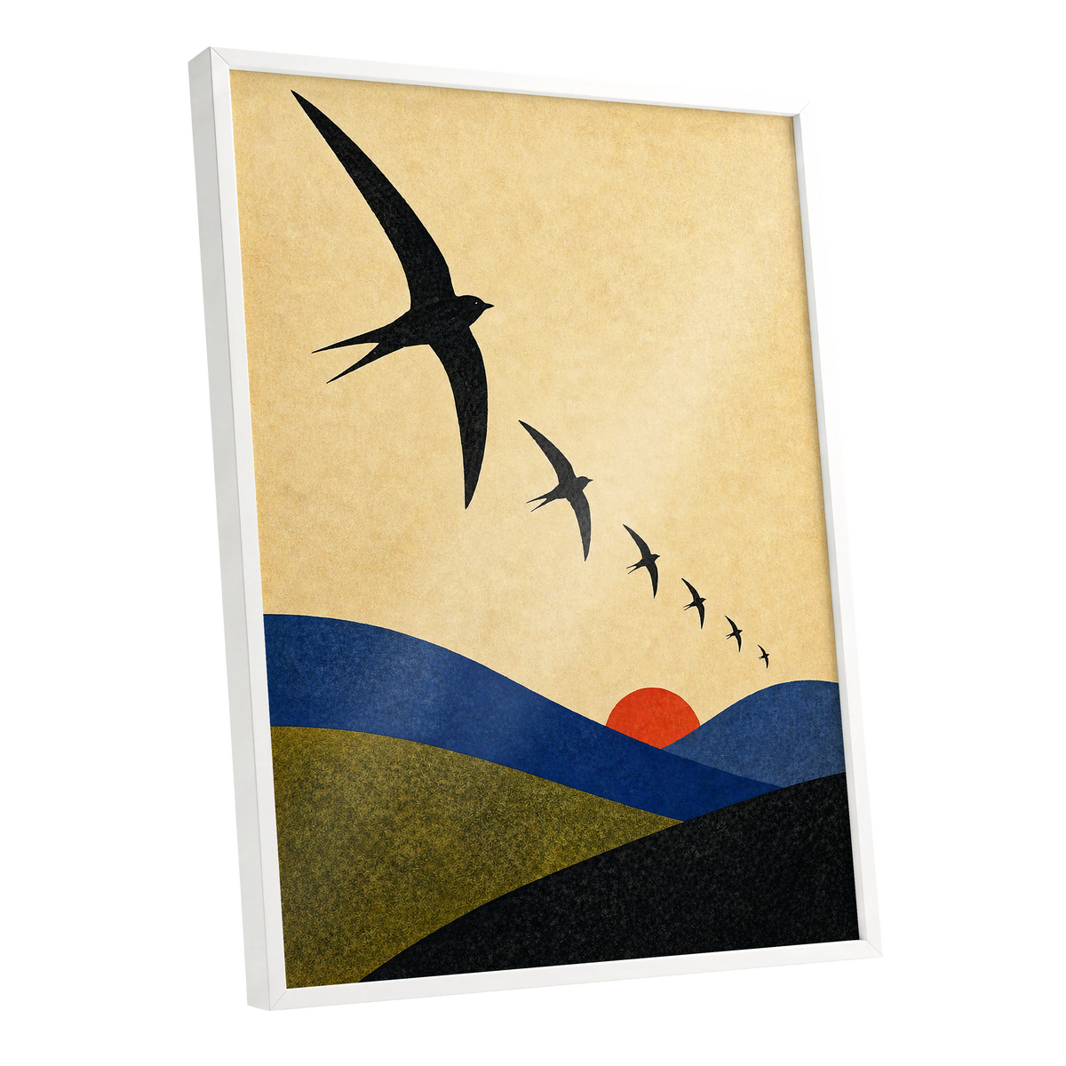 Flight Across Ochre, beige, black, blue nature wall art shown as a white framed poster wall art print